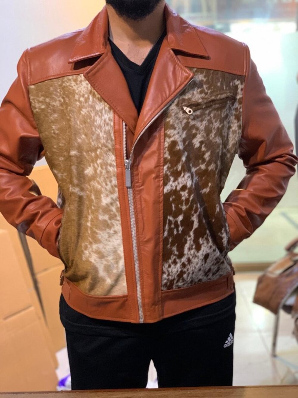 Real Cowhide Biker Leather Jacket | Western Hair on Natural Pony Hide Handmade